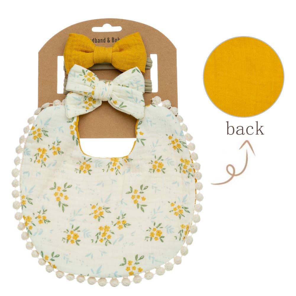 Little Trendy - Baby Floral cotton Waterproofer Bib and Bows headband Sets: One Size / 1