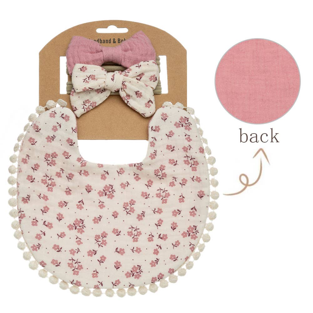 Little Trendy - Baby Floral cotton Waterproofer Bib and Bows headband Sets: One Size / 1