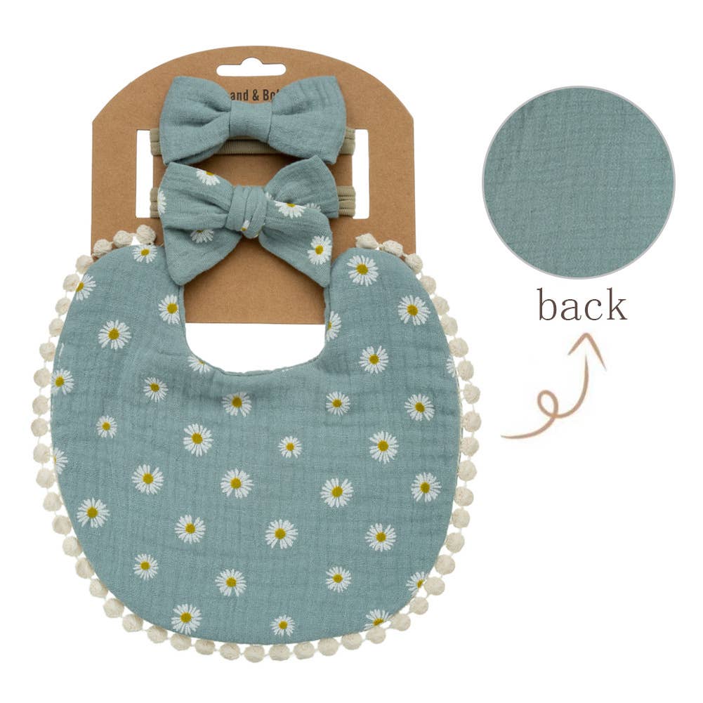 Little Trendy - Baby Floral cotton Waterproofer Bib and Bows headband Sets: One Size / 1
