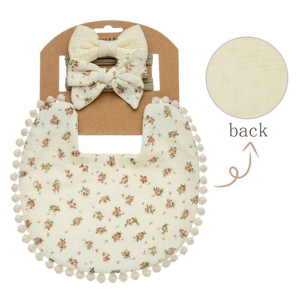 Little Trendy - Baby Floral cotton Waterproofer Bib and Bows headband Sets: One Size / 1