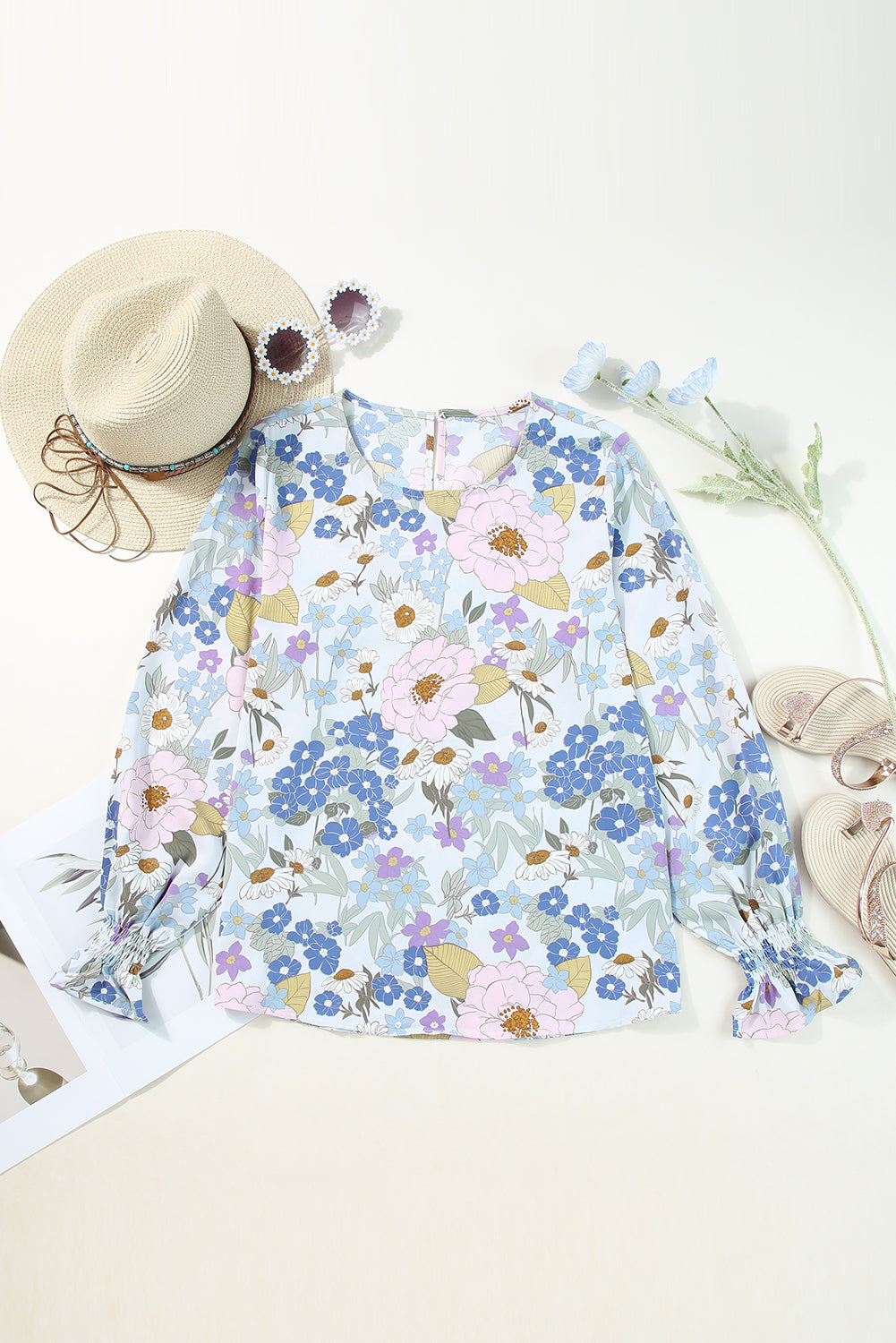 White Floral Print Sweet Lantern Long Sleeve Blouse