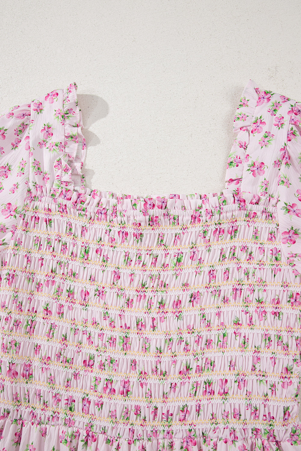 Pink Frilly Shirred Bodice Tiered Floral Maxi Dress