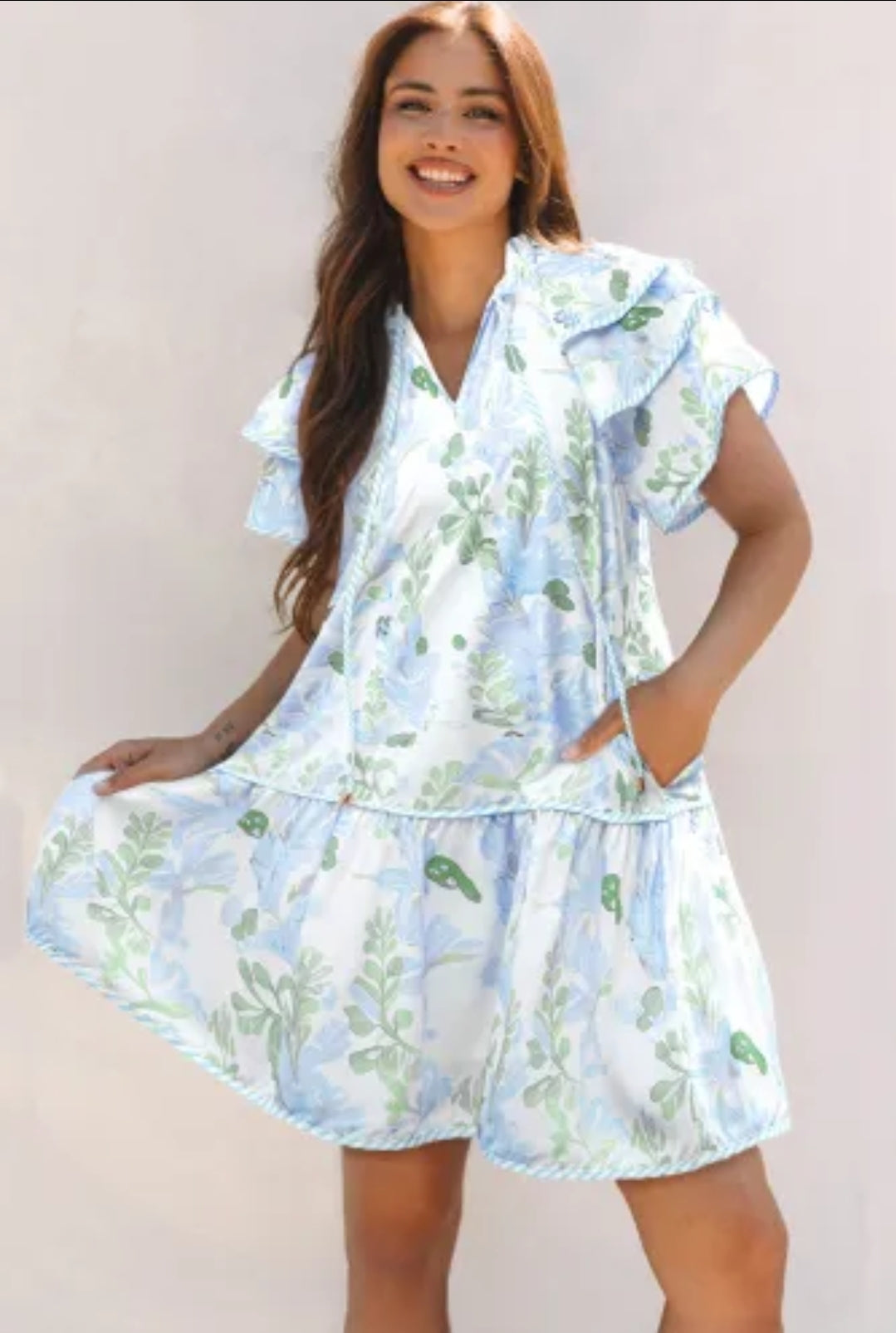 Floral Flutter Sleeve Tie Front mini dress