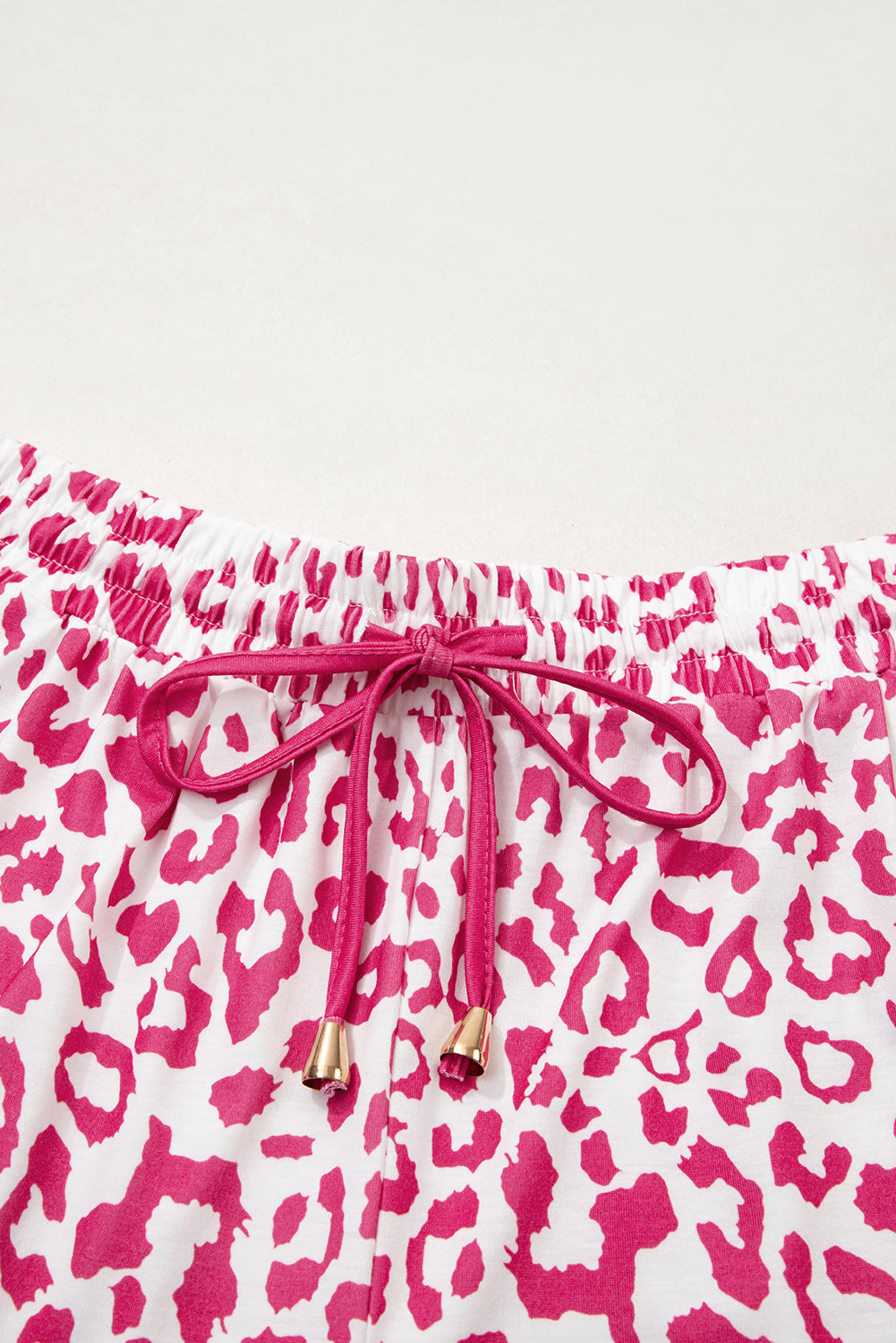 Pink Leopard Elastic Waist Lace up Contrast Trim Casual Shorts