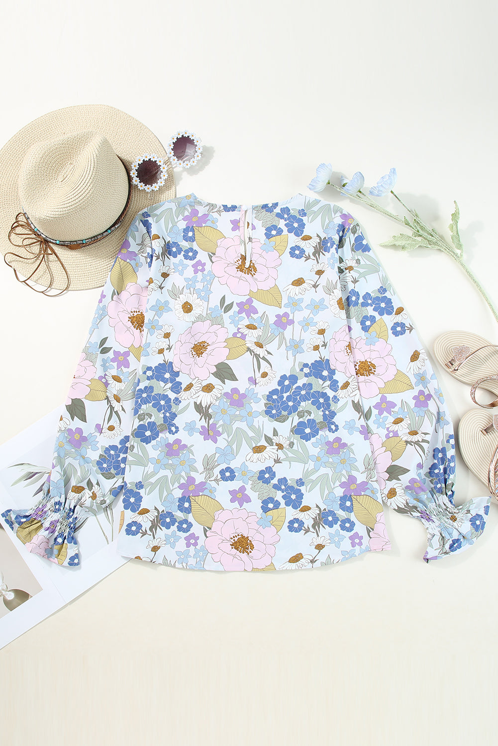 White Floral Print Sweet Lantern Long Sleeve Blouse