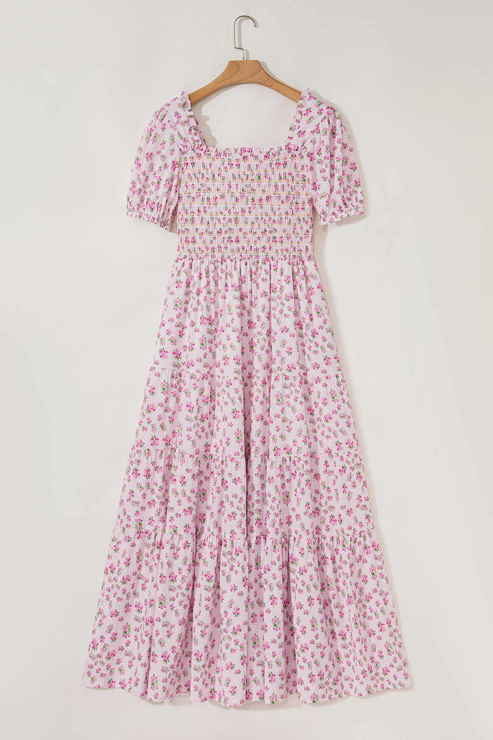 Pink Frilly Shirred Bodice Tiered Floral Maxi Dress