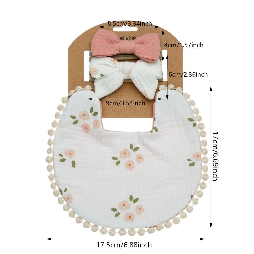Little Trendy - Baby Floral cotton Waterproofer Bib and Bows headband Sets: One Size / 1