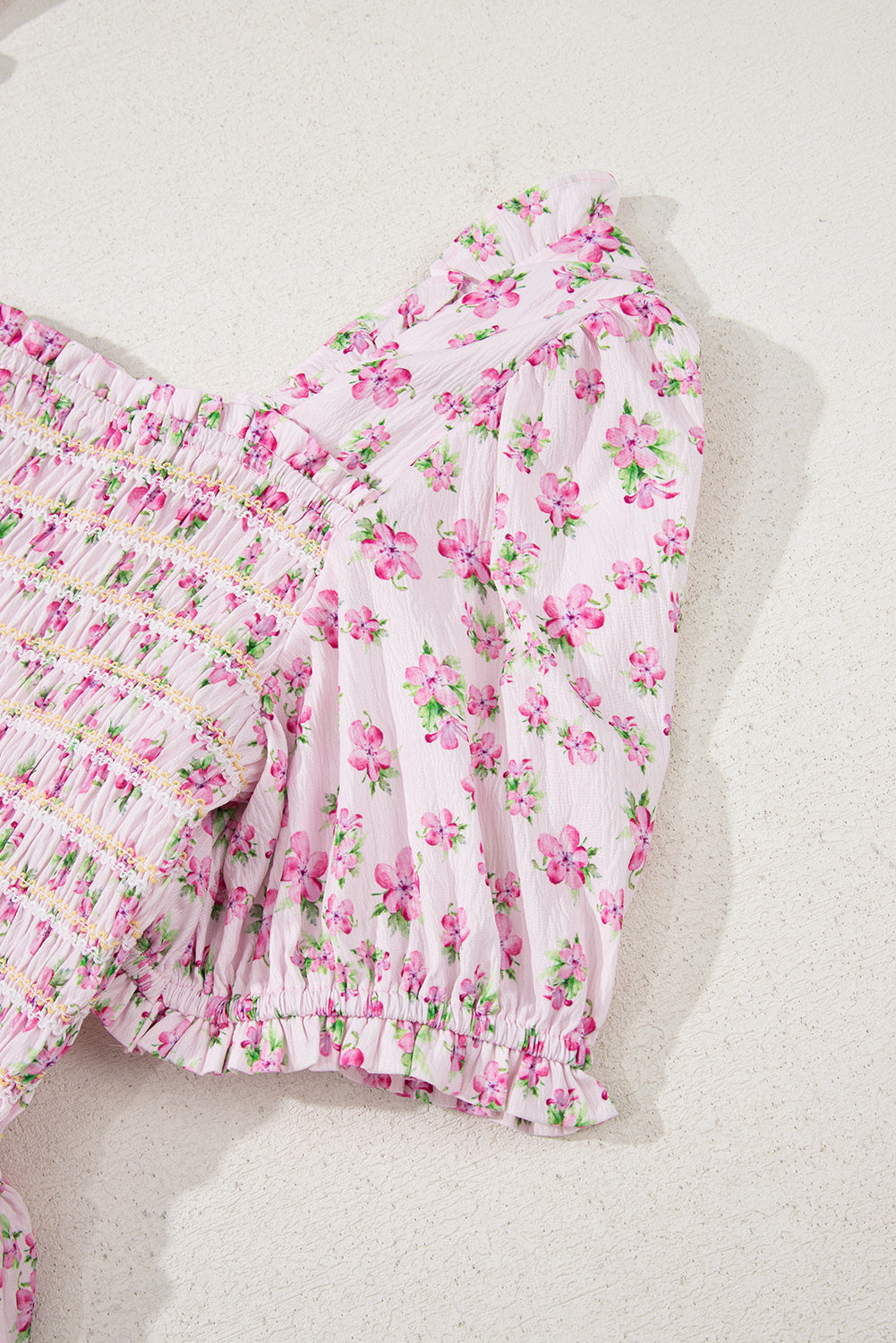 Pink Frilly Shirred Bodice Tiered Floral Maxi Dress