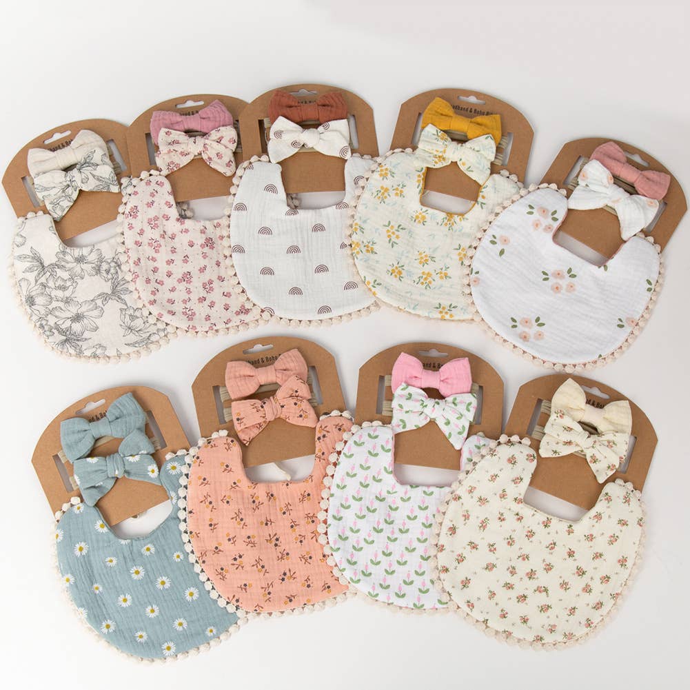 Little Trendy - Baby Floral cotton Waterproofer Bib and Bows headband Sets: One Size / 1