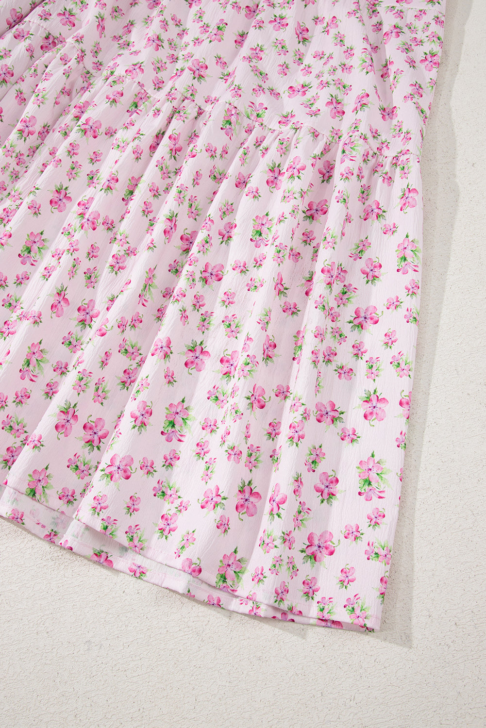 Pink Frilly Shirred Bodice Tiered Floral Maxi Dress