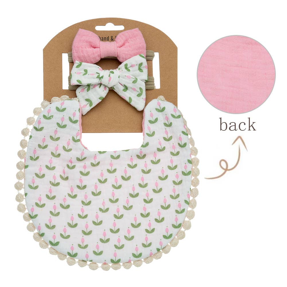 Little Trendy - Baby Floral cotton Waterproofer Bib and Bows headband Sets: One Size / 1
