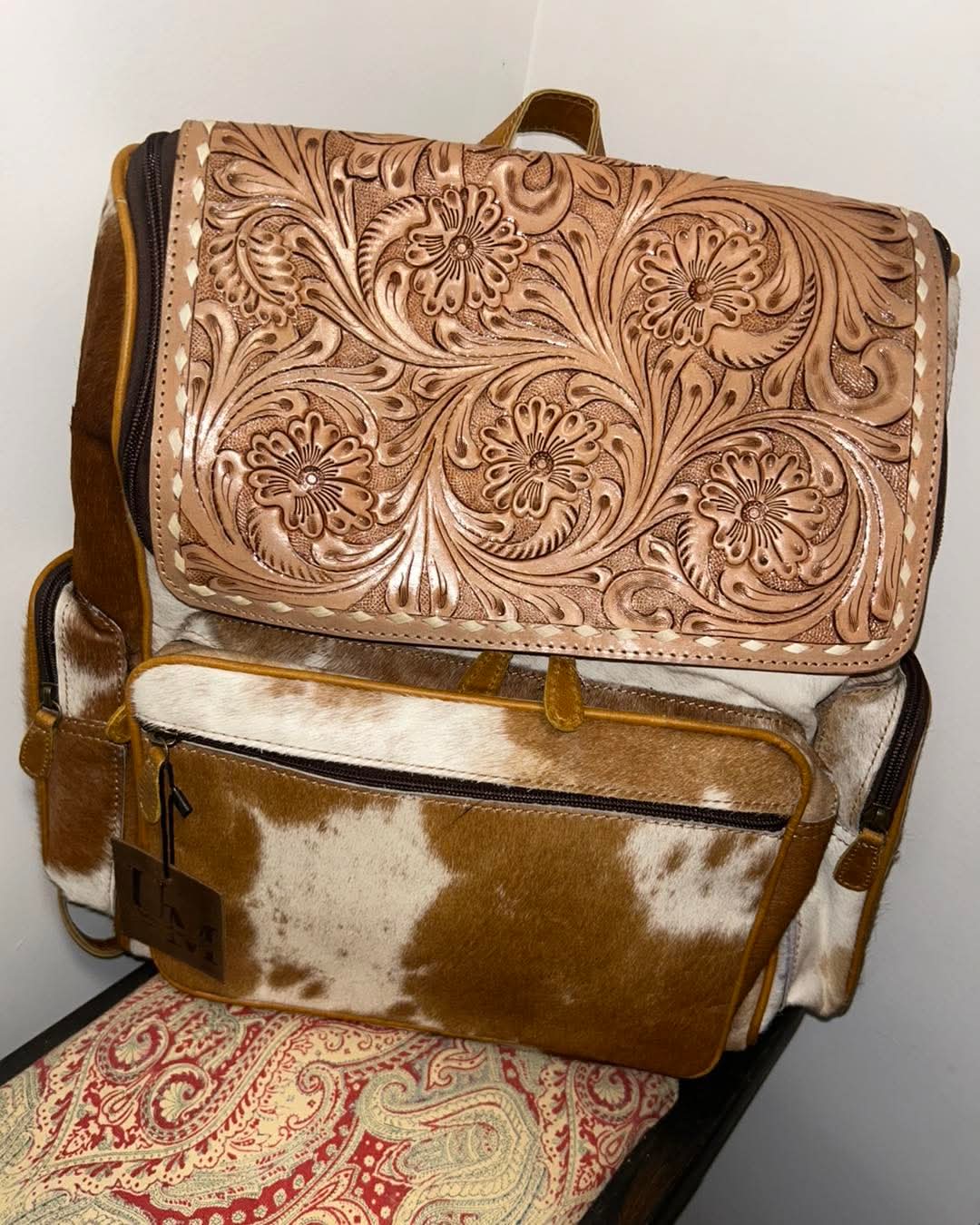 Tooled Leather full size tan backpack