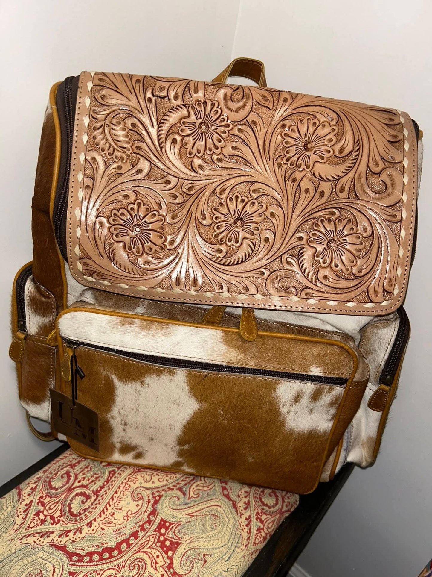 Tooled Leather full size tan backpack