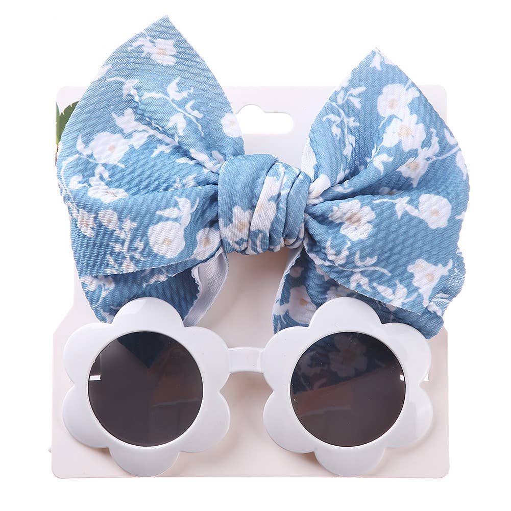 Little Trendy - Blue Baby Girl summer sea Sunglasses and floral Headband Set: One Size