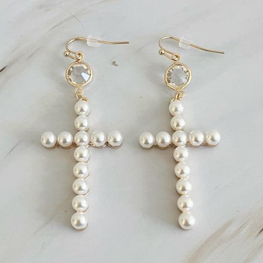 Pearl Cross Dangle Earrings