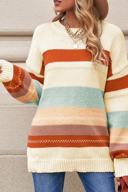 Striped Color Block Drop Shoulder Knit Sweater