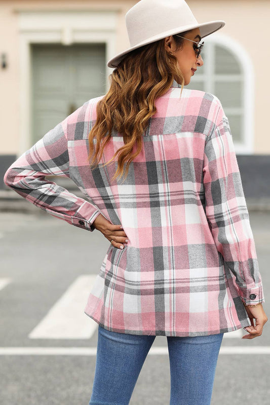 Pink Plaid Button Up Patch Pocket Shirt: L / CASUAL / AS SHOWN