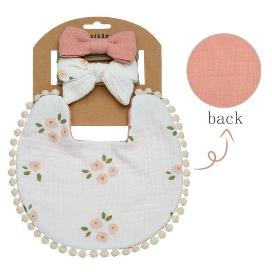 Little Trendy - Baby Floral cotton Waterproofer Bib and Bows headband Sets: One Size