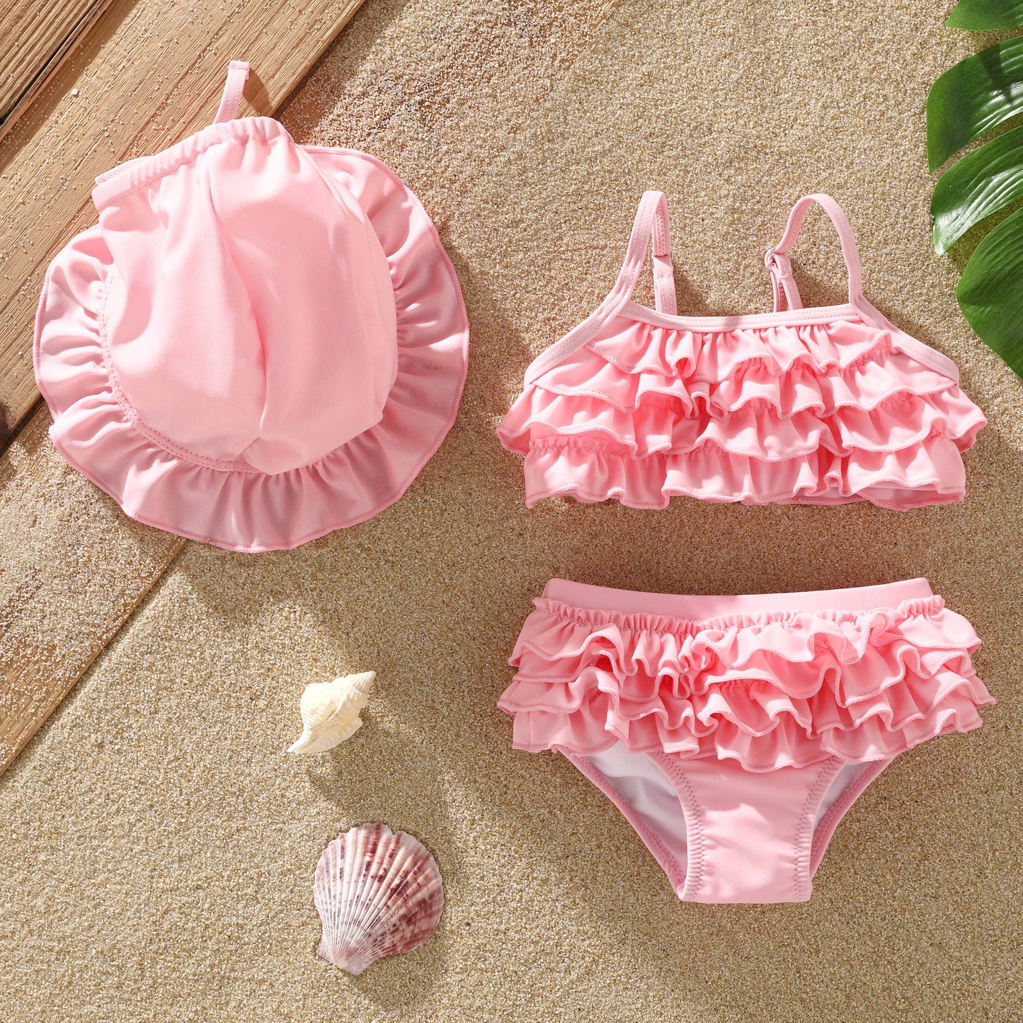 3pcs Baby Girl Sweet Ruffle Edge Swimsuit Set