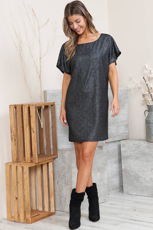 Orange Farm Clothing - Lurex Low V Back Dress-Black Shimmer Combo: Black Shimmer