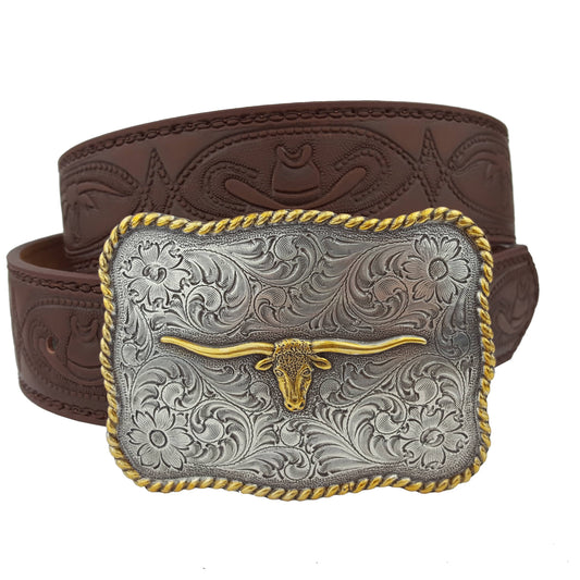 Axesoria West - Western Long Horn Buckle w. matching tooled belt