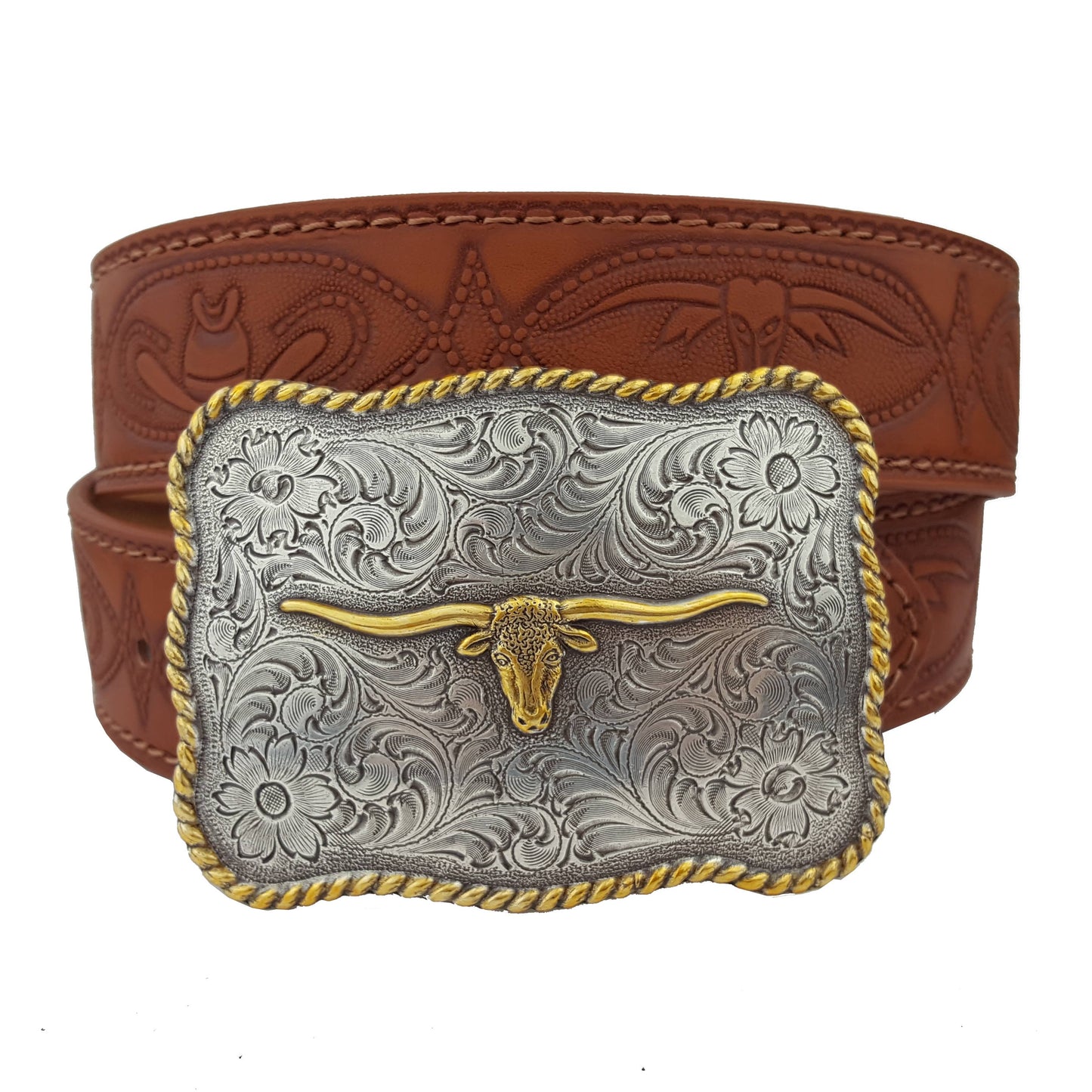 Axesoria West - Western Long Horn Buckle w. matching tooled belt