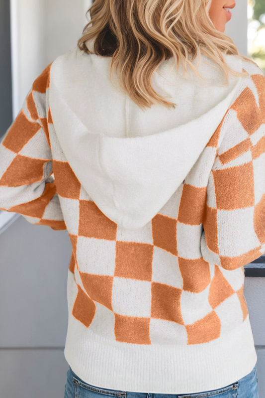 Little Daisy Closet - LDC Checkered Split Neck Contrast Pocket Hooded Sweater