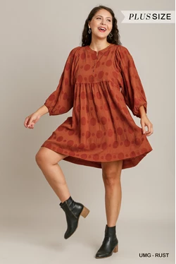 Solid Textured Round Neck Puffy Sleeve Dress Plus Size