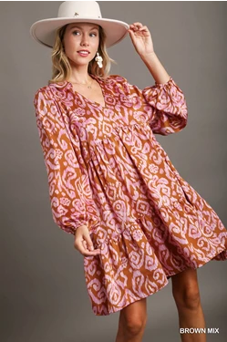 Satin Geo Print Tiered Dress with Long Sleeve & Collar