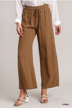 Linen Blend Elastic Waistband Pants with Drawstring & Pocket Details
