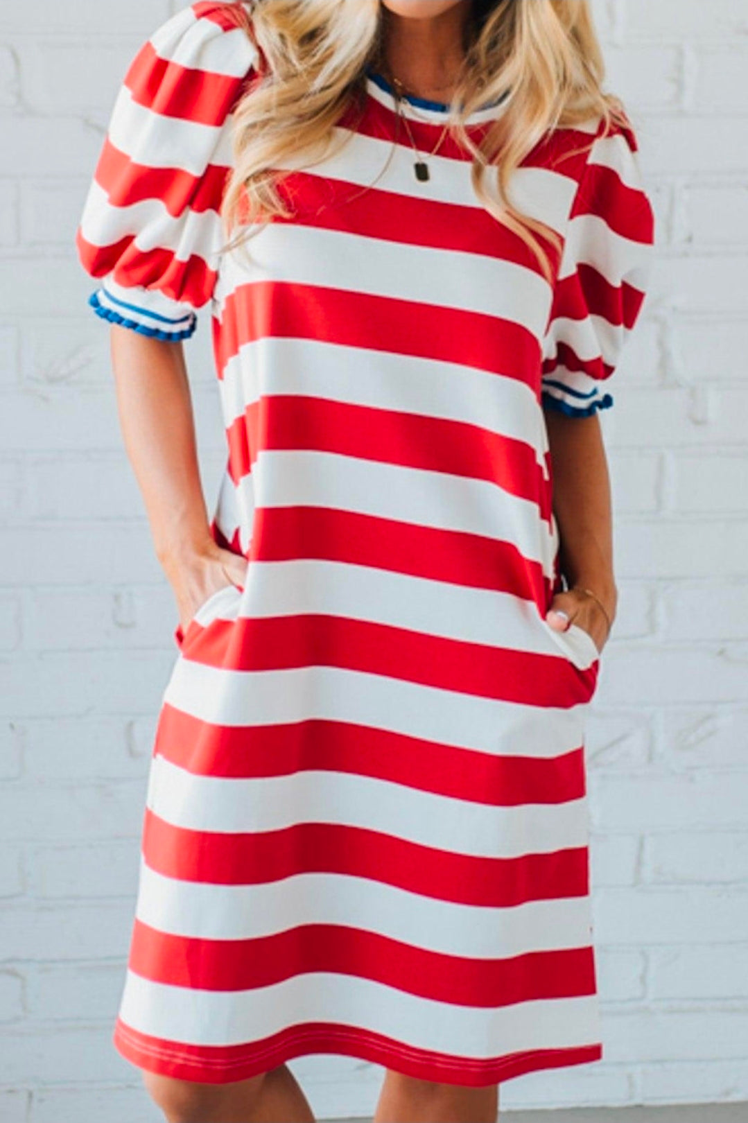 Patriotic Stripe Puff Sleeve T-Shirt Dress (Red or Blue)