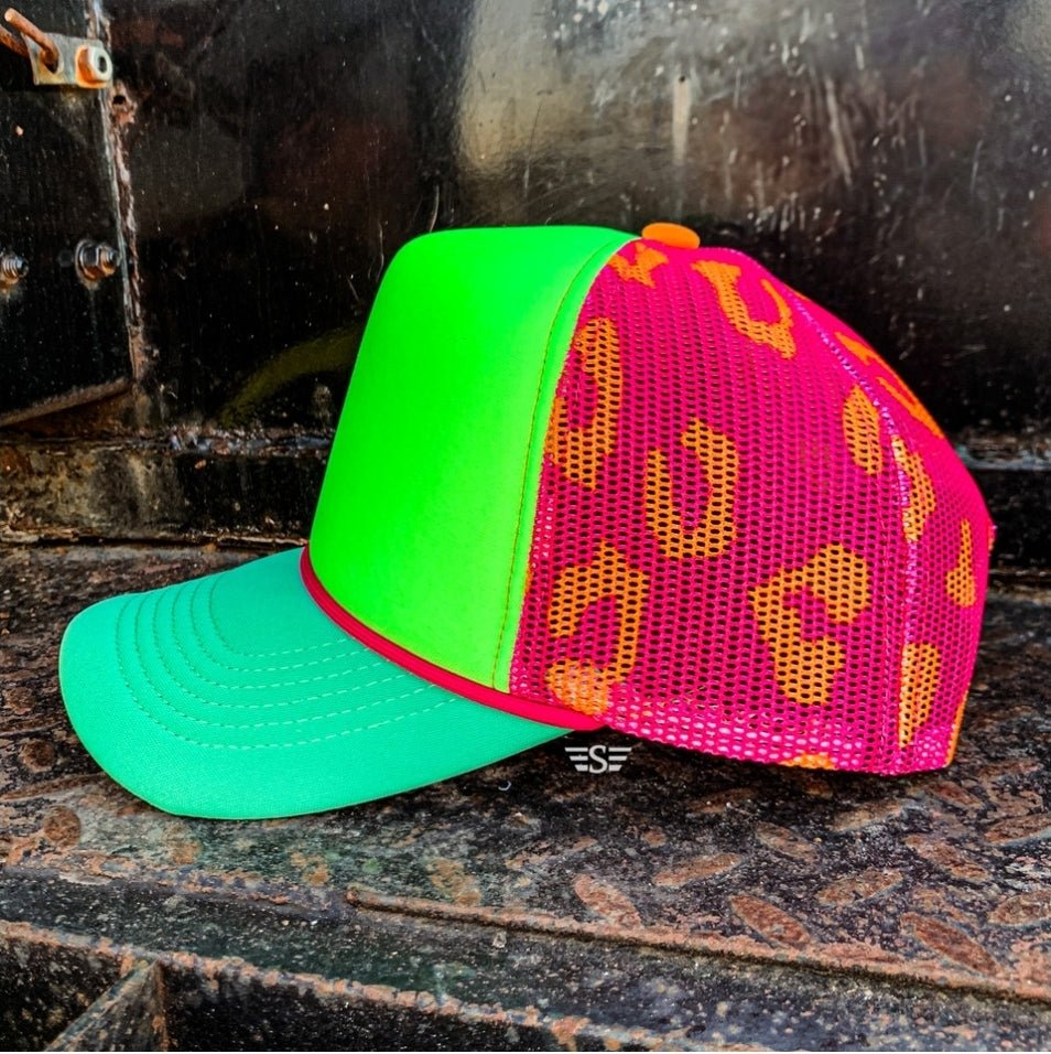 Neon leopard mesh trucker hat