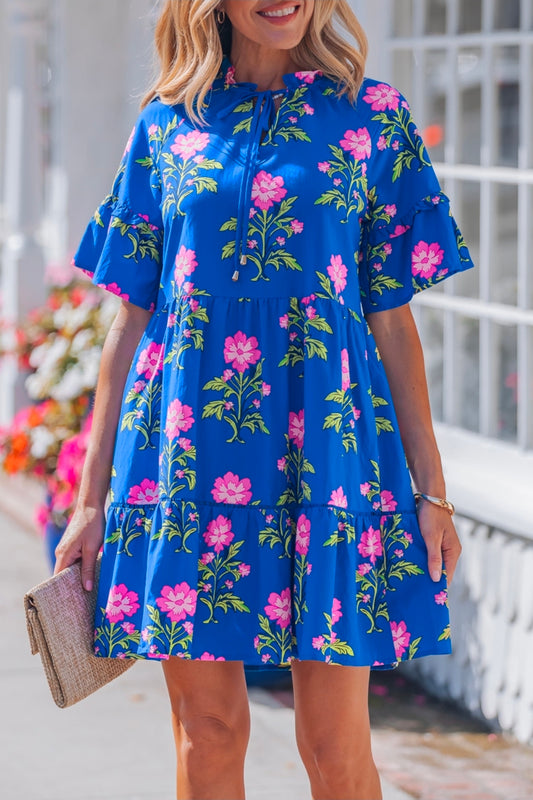 Royal Blue Floral Tiered Babydoll Dress