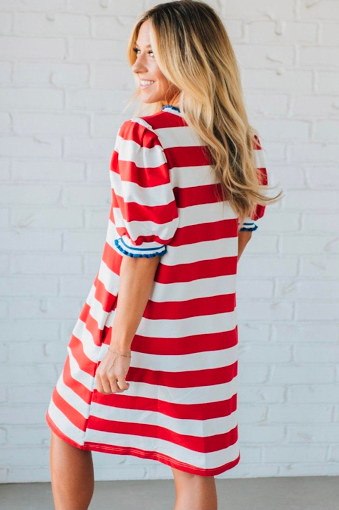 Patriotic Stripe Puff Sleeve T-Shirt Dress (Red or Blue)