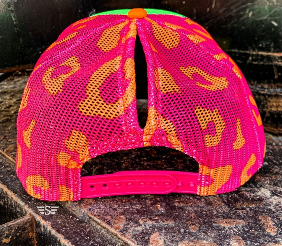 Neon leopard mesh trucker hat