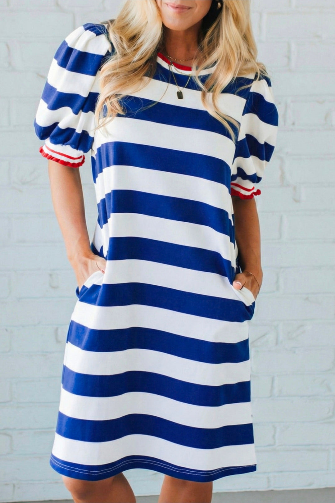 Patriotic Stripe Puff Sleeve T-Shirt Dress (Red or Blue)