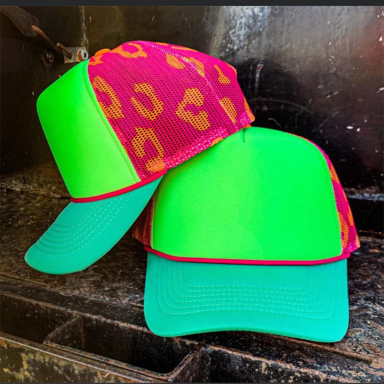Neon leopard mesh trucker hat