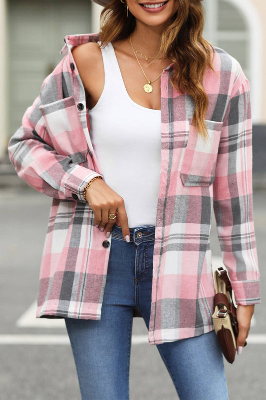Pink Plaid Button Up Patch Pocket Shirt: L / CASUAL / AS SHOWN