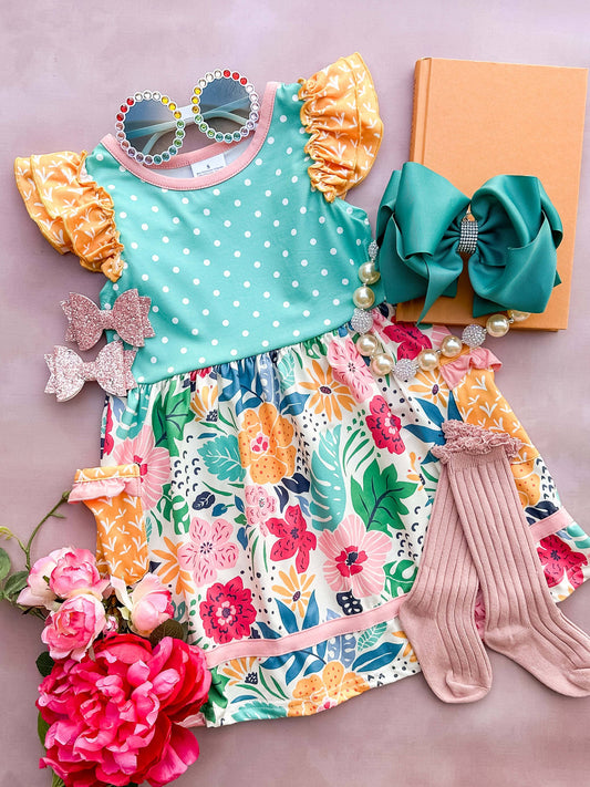 The Hair Bow Company - Aqua Dots & Floral Pocket Dress: 2T