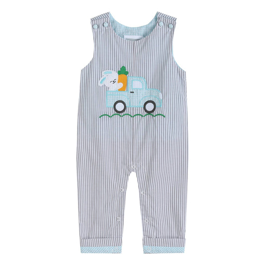 Lil Cactus - Gray Striped Easter Bunny Truck Applique Overalls